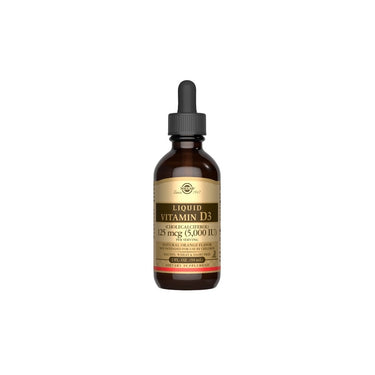 A bottle of Solgar's Vitamin D3 5000 IU 59 ml orange flavor on a white background, delivering essential nutrients to maintain healthy bones and teeth while strengthening immunity.